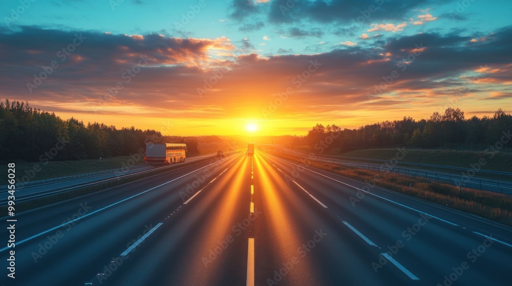 Obraz premium Empty Highway at Sunset with Sun Rays and Vehicles