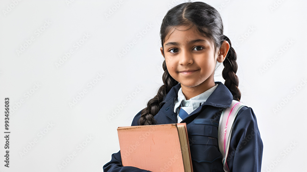 Desi Asian beauty in a school uniform clutching books while standing in front of a white background Desi Asian beauty in a school uniform clutching books while standing in front of a white background