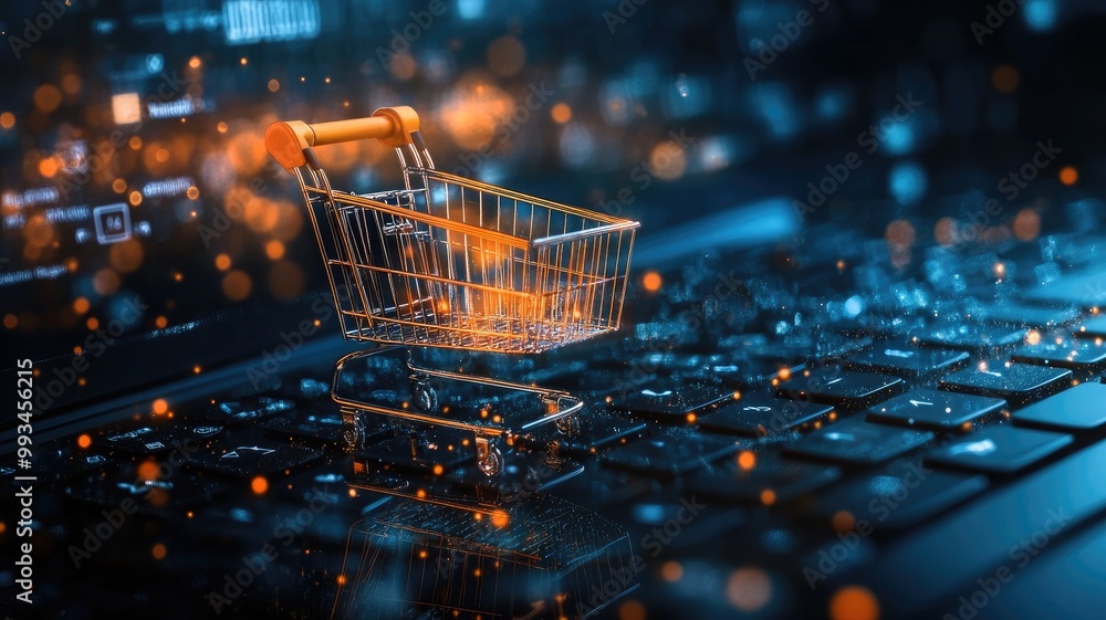 Miniature shopping cart on digital keyboard, symbolizing online technology Miniature shopping cart on digital keyboard, symbolizing online technology