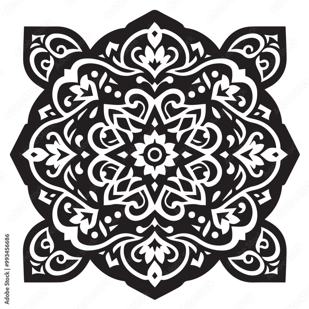 Intricate Moroccan-Inspired Black and White Square Tile Pattern Design: Elegant Geometric Motifs Intricate Moroccan-Inspired Black and White Square Tile Pattern Design: Elegant Geometric Motifs