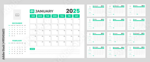 corporate Monthly pages Planner Calendar  Templates 2025 set. wall or desk simple 2025 Planner Calendar bundle with week start on Sunday. Set of 12 Months 2025 Wall quarterly calendar design.