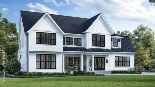 A white two-story family house with a black roof and gable windows on the left side of the building, set against a flat grassy area in front