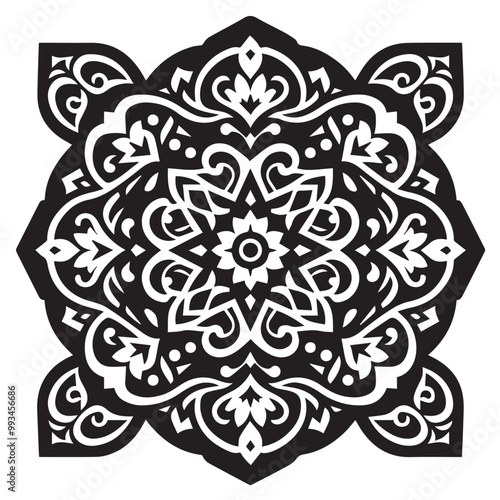 Intricate Moroccan-Inspired Black and White Square Tile Pattern Design: Elegant Geometric Motifs
