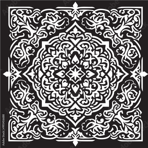 Intricate Moroccan-Inspired Black and White Square Tile Pattern Design: Elegant Geometric Motifs