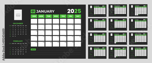 corporate Monthly pages dark color Planner Calendar  Templates 2025 set. wall or desk simple 2025 Planner Calendar bundle with week start on Sunday. Set of 12 Months 2025 Wall quarterly calendar.