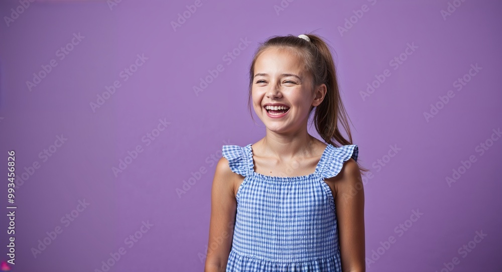 Laughing young Caucasian girl with ponytail wearing sundress on plain purple background Laughing young Caucasian girl with ponytail wearing sundress on plain purple background