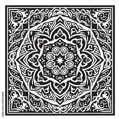 Intricate Moroccan-Inspired Black and White Square Tile Pattern Design: Elegant Geometric Motifs