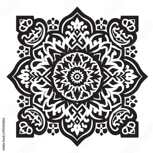 Intricate Moroccan-Inspired Black and White Square Tile Pattern Design: Elegant Geometric Motifs