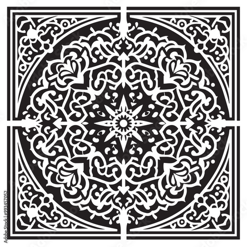 Intricate Moroccan-Inspired Black and White Square Tile Pattern Design: Elegant Geometric Motifs