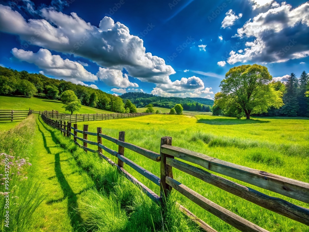 Rustic Wooden Fence in Green Meadow Under Bright Blue Sky Perfect for Country Living Themes Rustic Wooden Fence in Green Meadow Under Bright Blue Sky Perfect for Country Living Themes