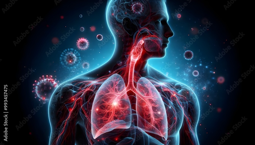 Human lungs. Cancer and respiratory diseases of the pulmonary system. The science of pulmonology in the treatment of tuberculosis, asthma and bronchitis. 3D organ with a red and blue background. Human lungs. Cancer and respiratory diseases of the pulmonary system. The science of pulmonology in the treatment of tuberculosis, asthma and bronchitis. 3D organ with a red and blue background.