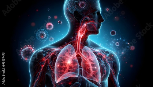 Human lungs. Cancer and respiratory diseases of the pulmonary system. The science of pulmonology in the treatment of tuberculosis, asthma and bronchitis. 3D organ with a red and blue background.