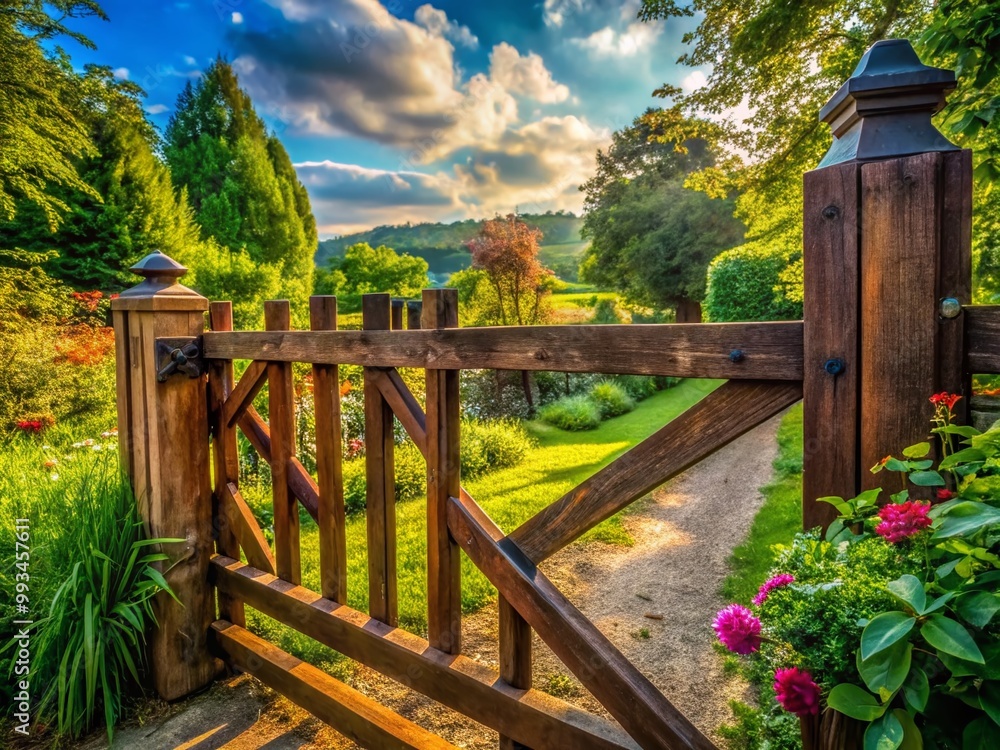Rustic wooden fence with a stylish metal gate in a serene outdoor setting surrounded by greenery Rustic wooden fence with a stylish metal gate in a serene outdoor setting surrounded by greenery