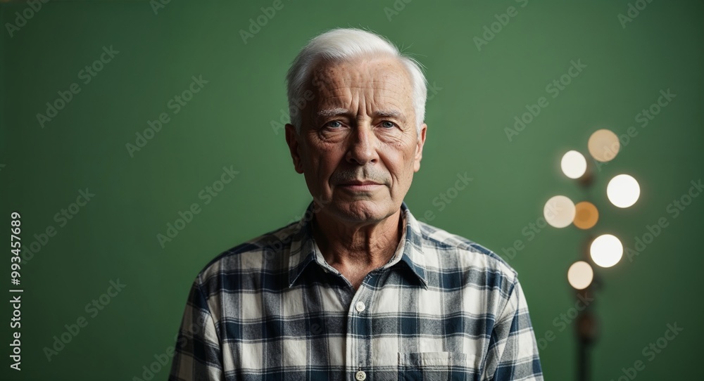 Serious elderly Caucasian man with short white hair wearing plaid shirt on plain green background Serious elderly Caucasian man with short white hair wearing plaid shirt on plain green background