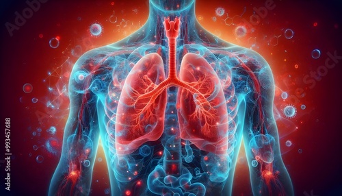 Human lungs. Cancer and respiratory diseases of the pulmonary system. The science of pulmonology in the treatment of tuberculosis, asthma and bronchitis. 3D organ with a red and blue background.
