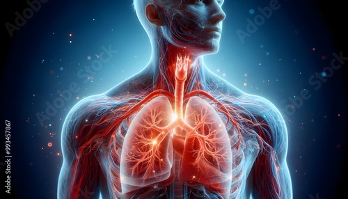 Human lungs. Cancer and respiratory diseases of the pulmonary system. The science of pulmonology in the treatment of tuberculosis, asthma and bronchitis. 3D organ with a red and blue background.