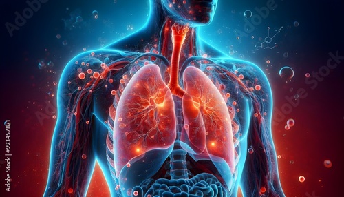 Human lungs. Cancer and respiratory diseases of the pulmonary system. The science of pulmonology in the treatment of tuberculosis, asthma and bronchitis. 3D organ with a red and blue background.