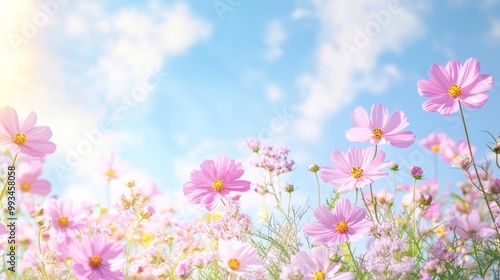 Spring flowers fly on a blue sky background. Beautiful pastel pink flower arrangement. Summer wallpaper