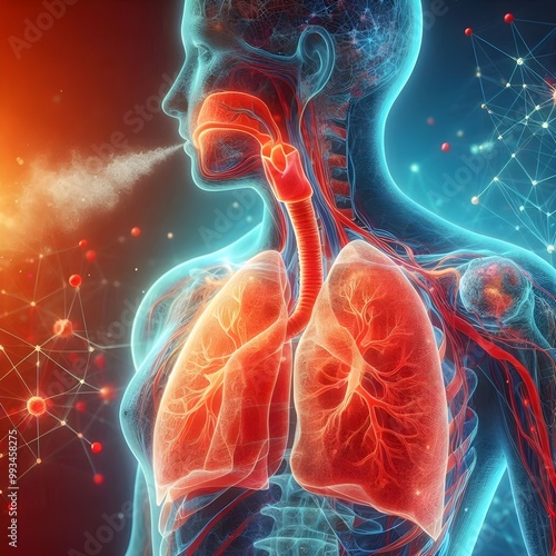 Human lungs. Cancer and respiratory diseases of the pulmonary system. The science of pulmonology in the treatment of tuberculosis, asthma and bronchitis. 3D organ with a red and blue background.