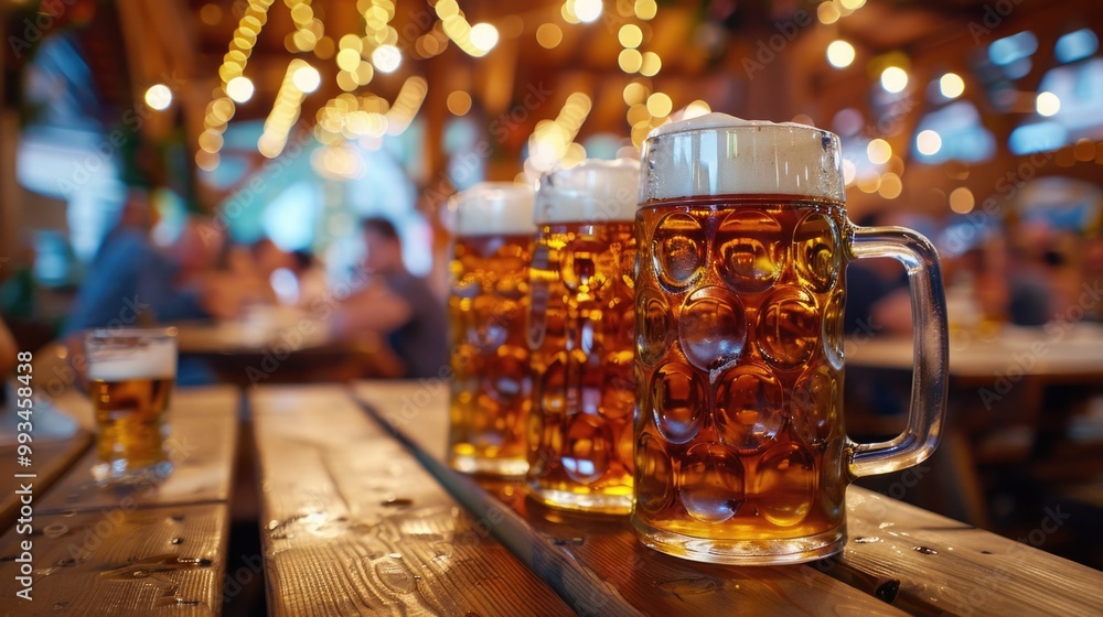 Mugs of beer sitting on a wooden table, perfect for a pub or party scene Mugs of beer sitting on a wooden table, perfect for a pub or party scene