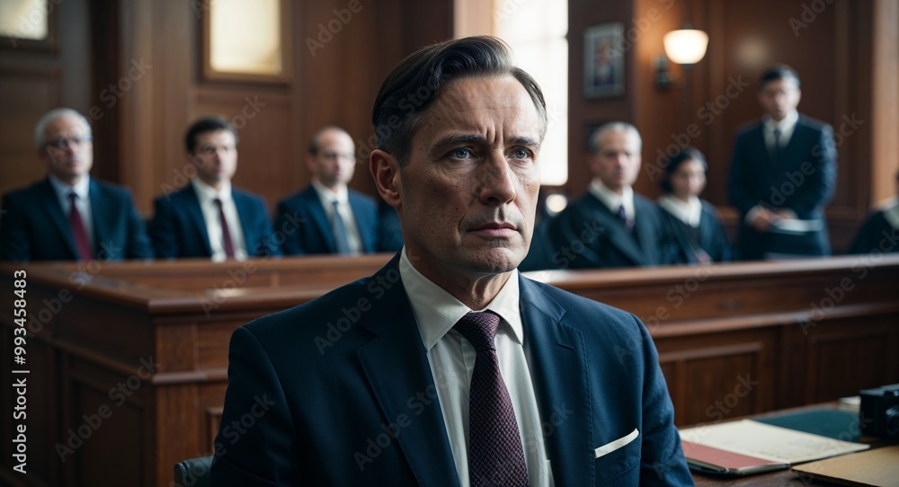 Serious middleaged Caucasian man wearing a suit in a courtroom Serious middleaged Caucasian man wearing a suit in a courtroom