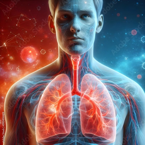 Human lungs. Cancer and respiratory diseases of the pulmonary system. The science of pulmonology in the treatment of tuberculosis, asthma and bronchitis. 3D organ with a red and blue background.