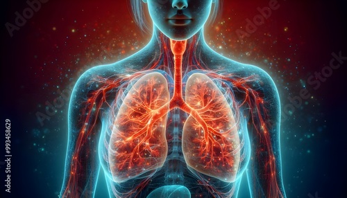 Human lungs. Cancer and respiratory diseases of the pulmonary system. The science of pulmonology in the treatment of tuberculosis, asthma and bronchitis. 3D organ with a red and blue background.
