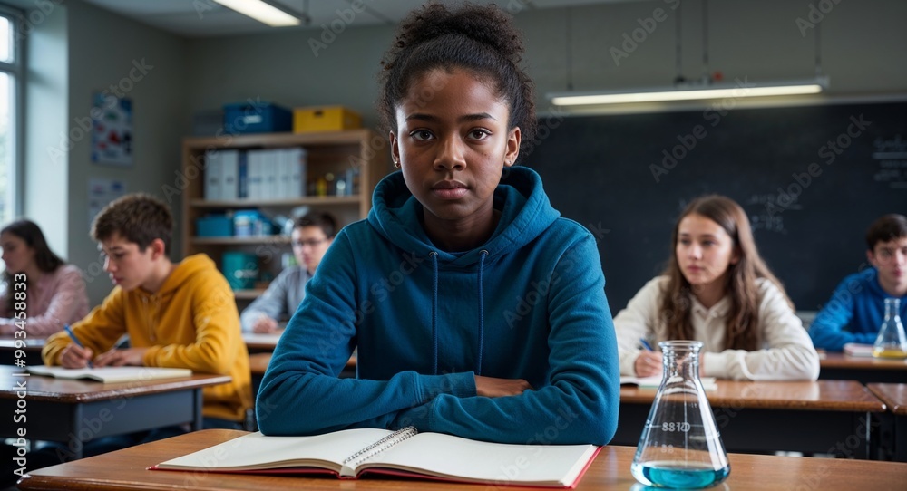 Serious young Black girl wearing a hoodie in a science classroom Serious young Black girl wearing a hoodie in a science classroom