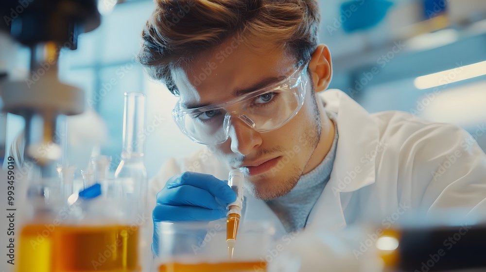 A Concentrated Scientist Holding a Pipette with a Yellow Liquid in a Laboratory Setting A Concentrated Scientist Holding a Pipette with a Yellow Liquid in a Laboratory Setting
