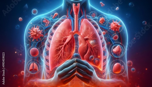 Human lungs. Cancer and respiratory diseases of the pulmonary system. The science of pulmonology in the treatment of tuberculosis, asthma and bronchitis. 3D organ with a red and blue background.