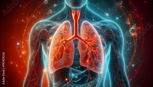 Human lungs. Cancer and respiratory diseases of the pulmonary system. The science of pulmonology in the treatment of tuberculosis, asthma and bronchitis. 3D organ with a red and blue background.