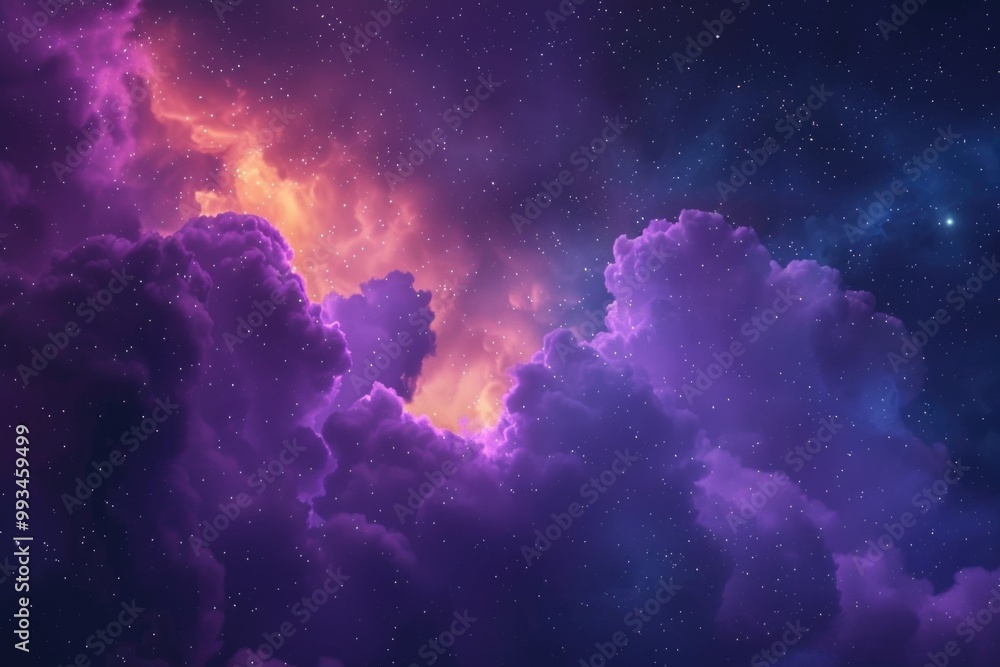 A beautiful sunset scene with purple and blue hues, clouds and stars A beautiful sunset scene with purple and blue hues, clouds and stars