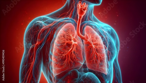 Human lungs. Cancer and respiratory diseases of the pulmonary system. The science of pulmonology in the treatment of tuberculosis, asthma and bronchitis. 3D organ with a red and blue background.
