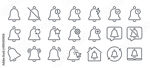 Bell notification editable stroke outline icons set isolated on white background flat vector illustration. Pixel perfect. 64 x 64.