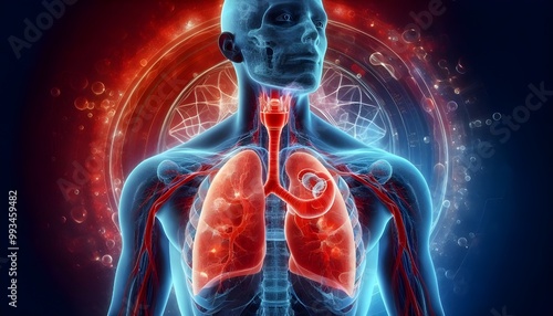 Human lungs. Cancer and respiratory diseases of the pulmonary system. The science of pulmonology in the treatment of tuberculosis, asthma and bronchitis. 3D organ with a red and blue background.