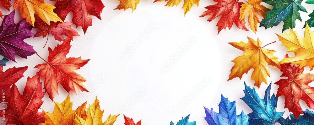 Bright maple leaves arranged in a circular pattern on a white background, showcasing vibrant autumn colors and a sense of seasonal change Bright maple leaves arranged in a circular pattern on a white background, showcasing vibrant autumn colors and a sense of seasonal change