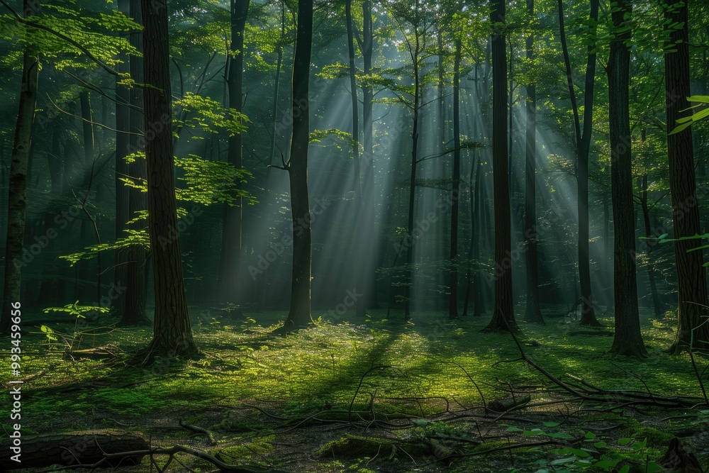Obraz premium A serene forest scene with sunlight filtering through the trees