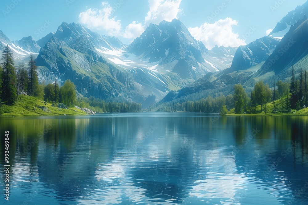A serene mountain landscape with a calm lake reflecting the surrounding peaks A serene mountain landscape with a calm lake reflecting the surrounding peaks