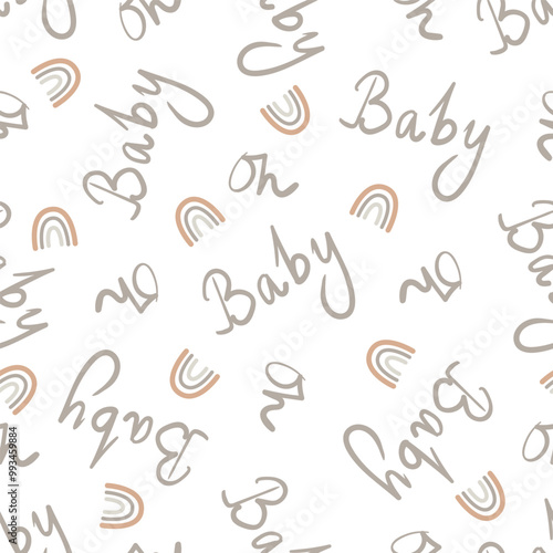 Oh Baby text and rainbow vector seamless pattern background. Cute gender neutral message for baby shower invitations and products. Hand lettered script style backdrop. Scattered all over print repeat.