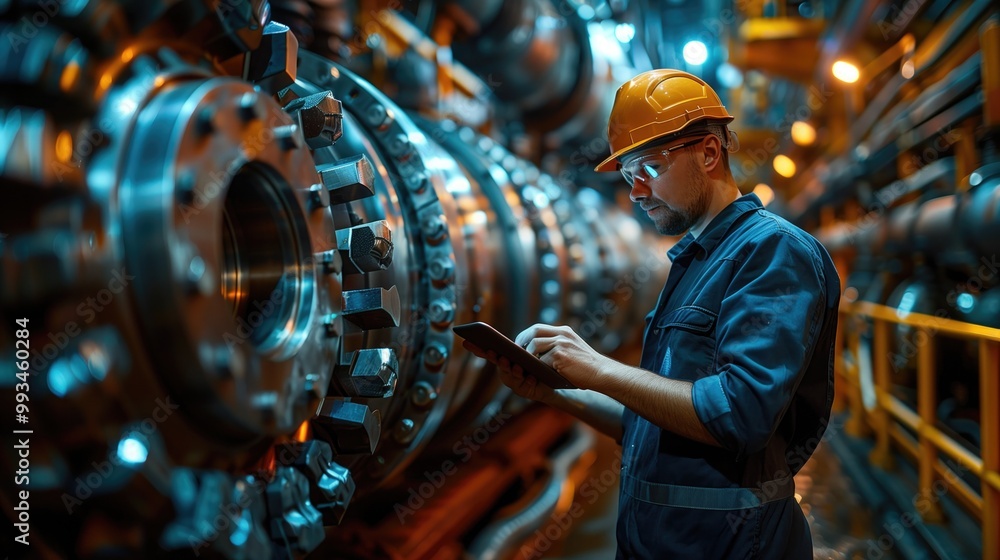 An engineer standing in front of a large, spinning turbine in a geothermal power plant, taking notes on a tablet An engineer standing in front of a large, spinning turbine in a geothermal power plant, taking notes on a tablet
