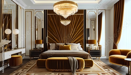 lamorous, art deco-inspired bedroom with bold geometric patterns, velvet upholstery, gold accents, and mirrored furniture. Add a statement chandelier and rich, luxurious fabrics for a classic 1920s photo