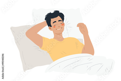 Happy asian man falling asleep in bed isolated