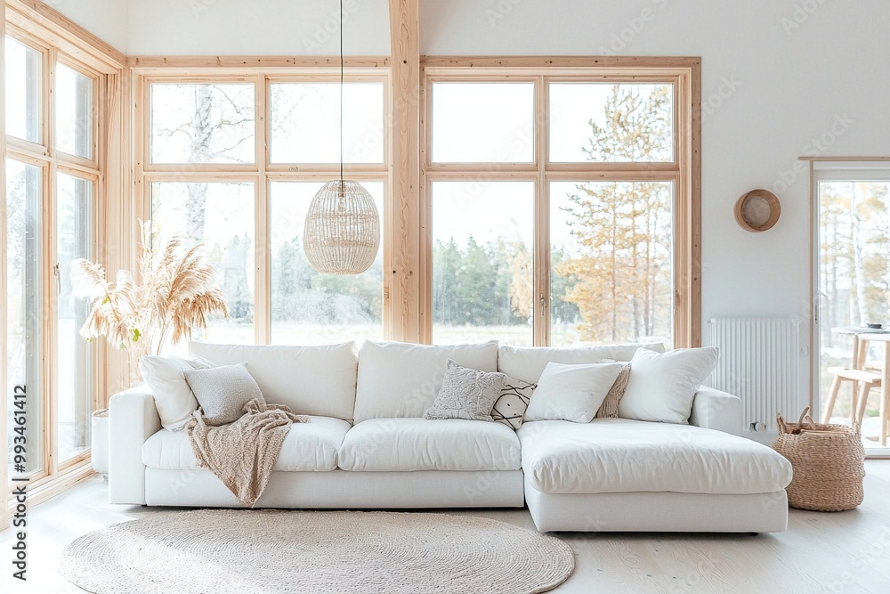 A modern interior photograph combining Scandinavian and mid-century modern interiors in a living room with a view of a wooden window frame. Generative AI
A modern interior photograph combining Scandinavian and mid-century modern interiors in a living room with a view of a wooden window frame. Generative AI