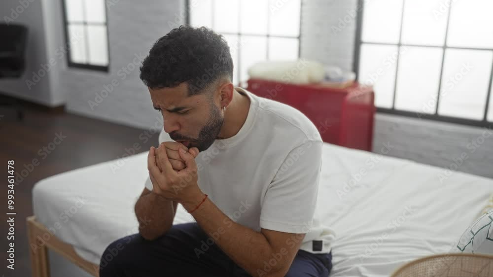 Young man sitting on a bed in a modern bedroom, coughing into his hands, indicating illness or discomfort, with natural light streaming in through large windows behind him Young man sitting on a bed in a modern bedroom, coughing into his hands, indicating illness or discomfort, with natural light streaming in through large windows behind him