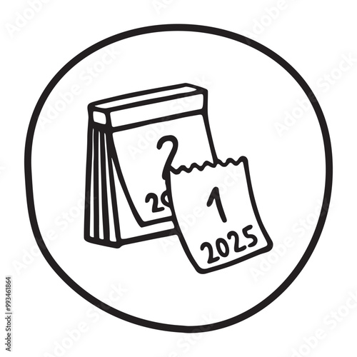 Doodle calendar with first page torn off icon or logo, hand drawn with thin black line. PNG isolated on transparent background and vector illustration