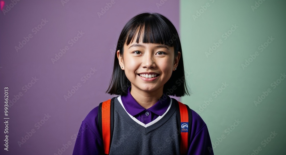 Smiling young Asian girl with straight black hair wearing school uniform on plain purple background Smiling young Asian girl with straight black hair wearing school uniform on plain purple background