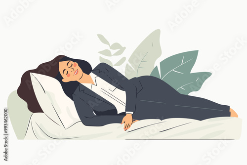 Happy woman in business suit falling asleep in bed st isolated