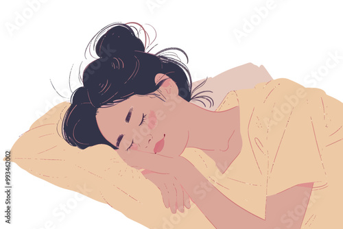 Happy woman falling asleep in bed isolated