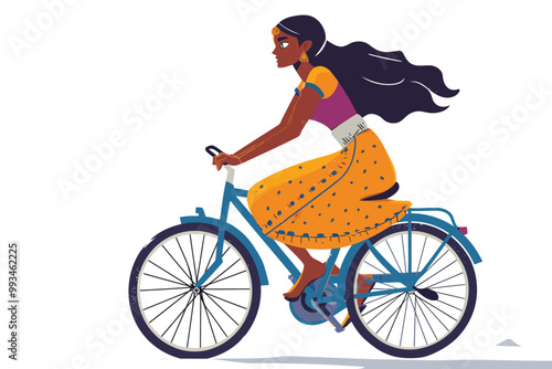 indian woman riding bycicle isolated