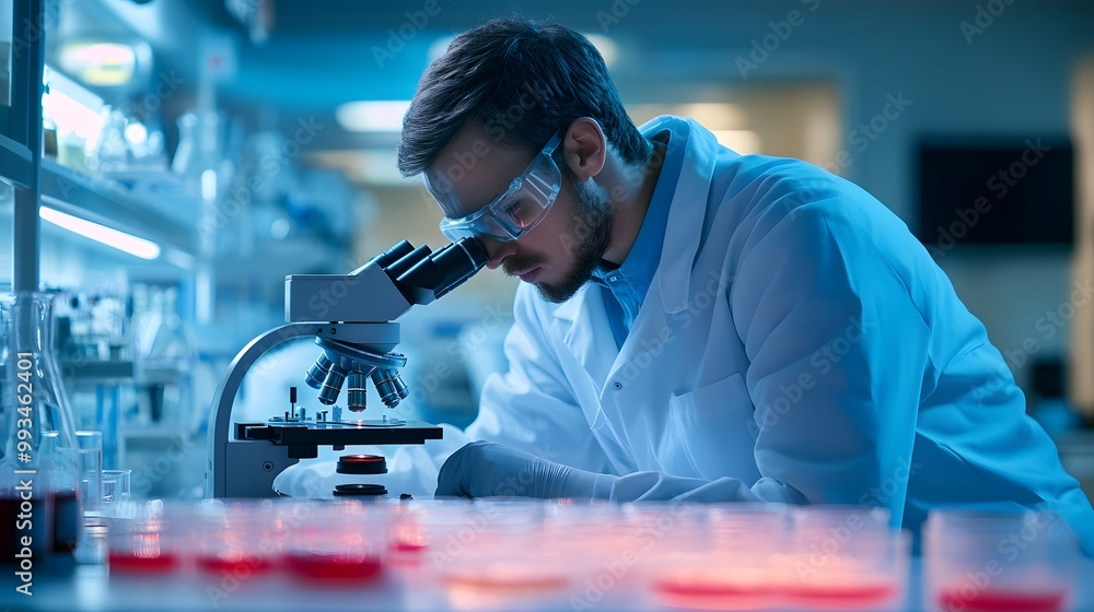 Scientist examining a sample under a microscope in a laboratory Scientist examining a sample under a microscope in a laboratory